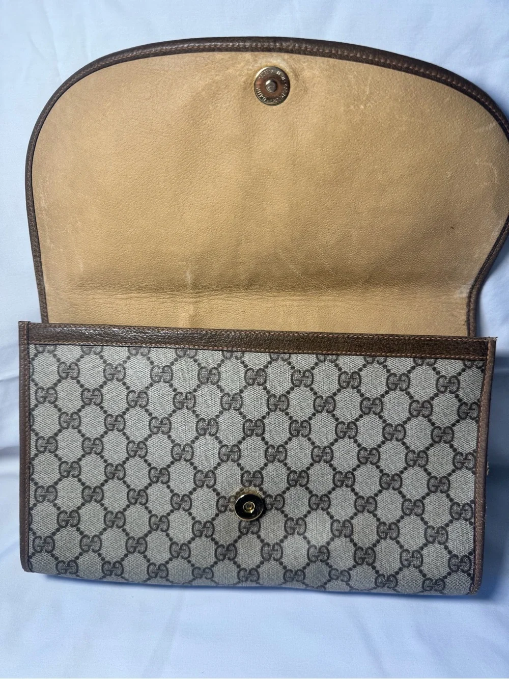 Gucci Beige Brown GG Canvas Clutch with Web Stripe